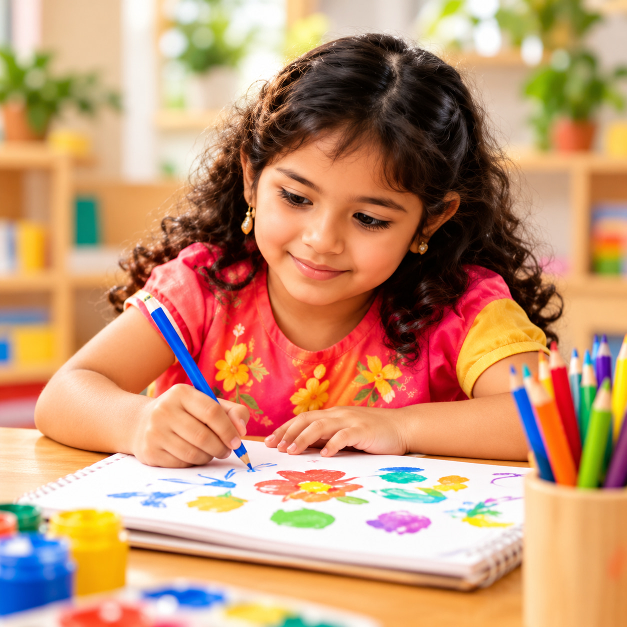 Child practising writing in class