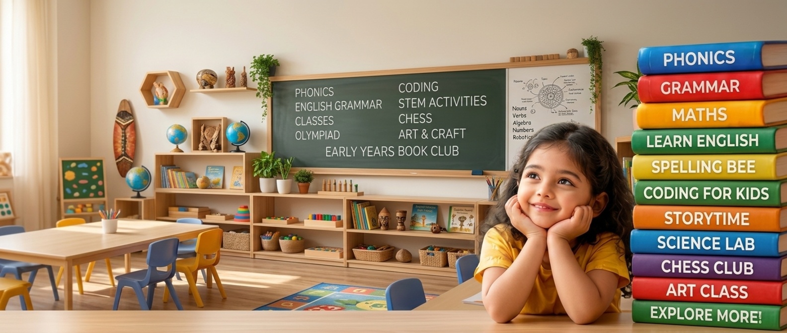 Child smiling at a desk with phonics, grammar, maths and drawing books